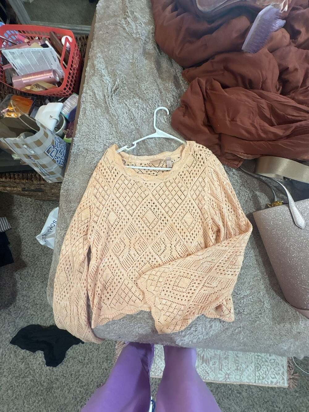 willow + root Open Knit Sweater Size L Peach Diamond Pattern